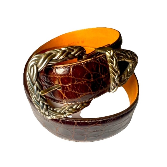 Vintage Brighton Brown Leather Western Silver Buckle Belt crocodile embossed - Picture 1 of 14